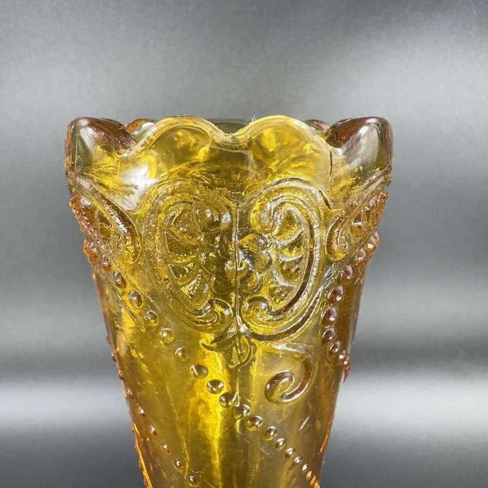 Vintage Mid Century Amber Glass Bud Vase Beaded Wavy Edges Glass‎ Vase VTG Decor